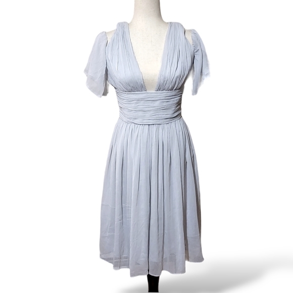 French Connection Constance Drape Cold Shoulder Chiffon Dress, Silver Grey, sz 4 - Picture 3 of 11